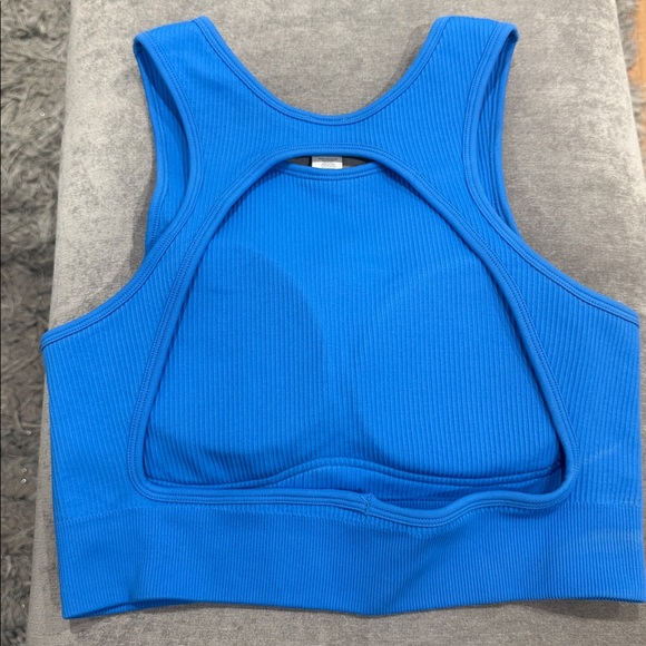 Women's Blue Backless Ribbed Sports Bra - Picture 7 of 9
